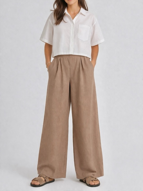 Zara Pants - Zara Linen Blend Wide Leg Pull-On Pants Pleated Front Neutral Tan Size Medium